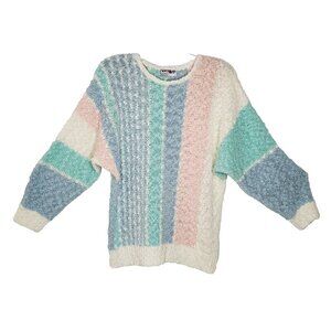 Vintage Striped Popcorn Sweater L Pastel Blue Pink Green Dolman Sleeve Grannie